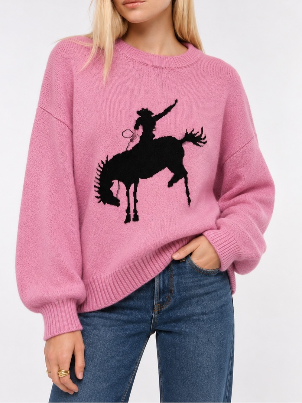 Girl Dangerous Western Charm Rodeo Cowboy Horse Sweater Pink Black Oversized M/L